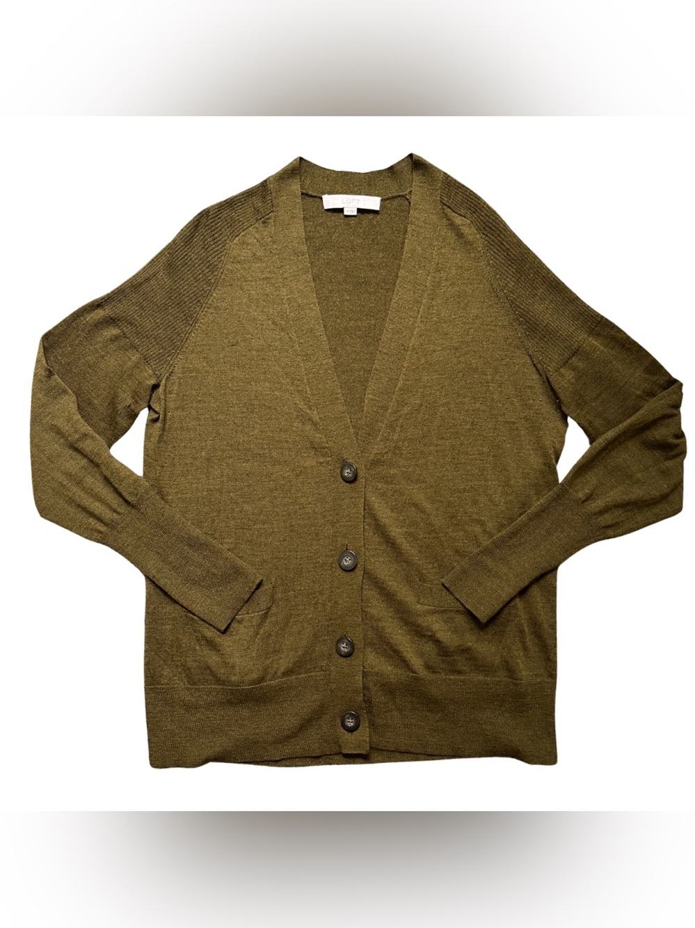 LOFT Wool Blend Cardigan Sweater Womens XL Olive Pockets Minimalist Knit Button